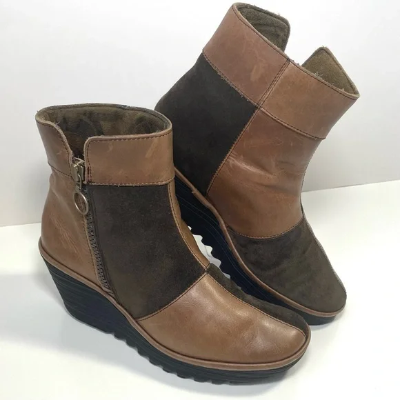 Fly London Yime Two-Tone Brown and Tan Patchwork Wedge Boots Size 39EU/8.5US - Picture 14 of 15